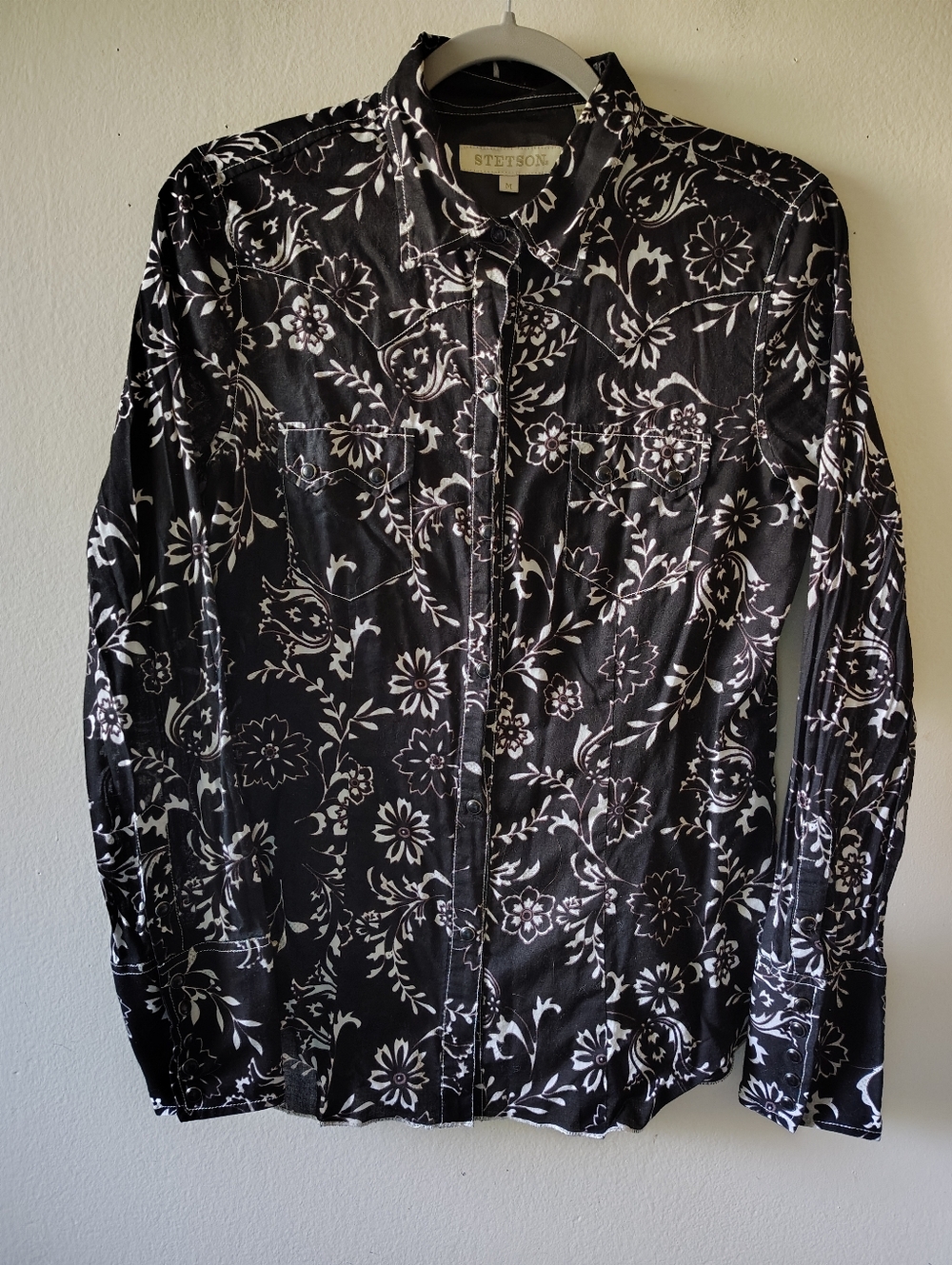 Stetson Black Floral Rodeo Western Pearl Snap Cowgirl Button Down Shirt Medium